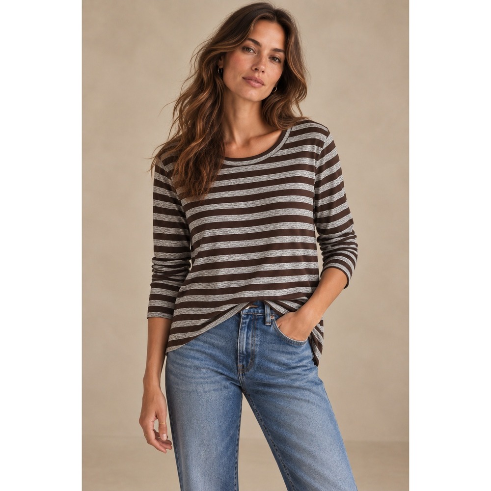 Twenty One Womens Brown Grey Striped 3/4 Sleeve Scoop Neck Top Small ET3904